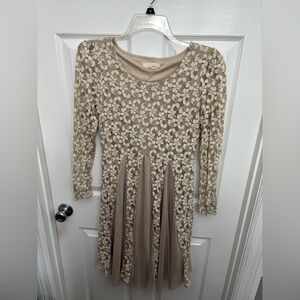 A'Reve Cream and Tan Floral Lace Midi Balletcore Romantic Dress, Women’s Sz S